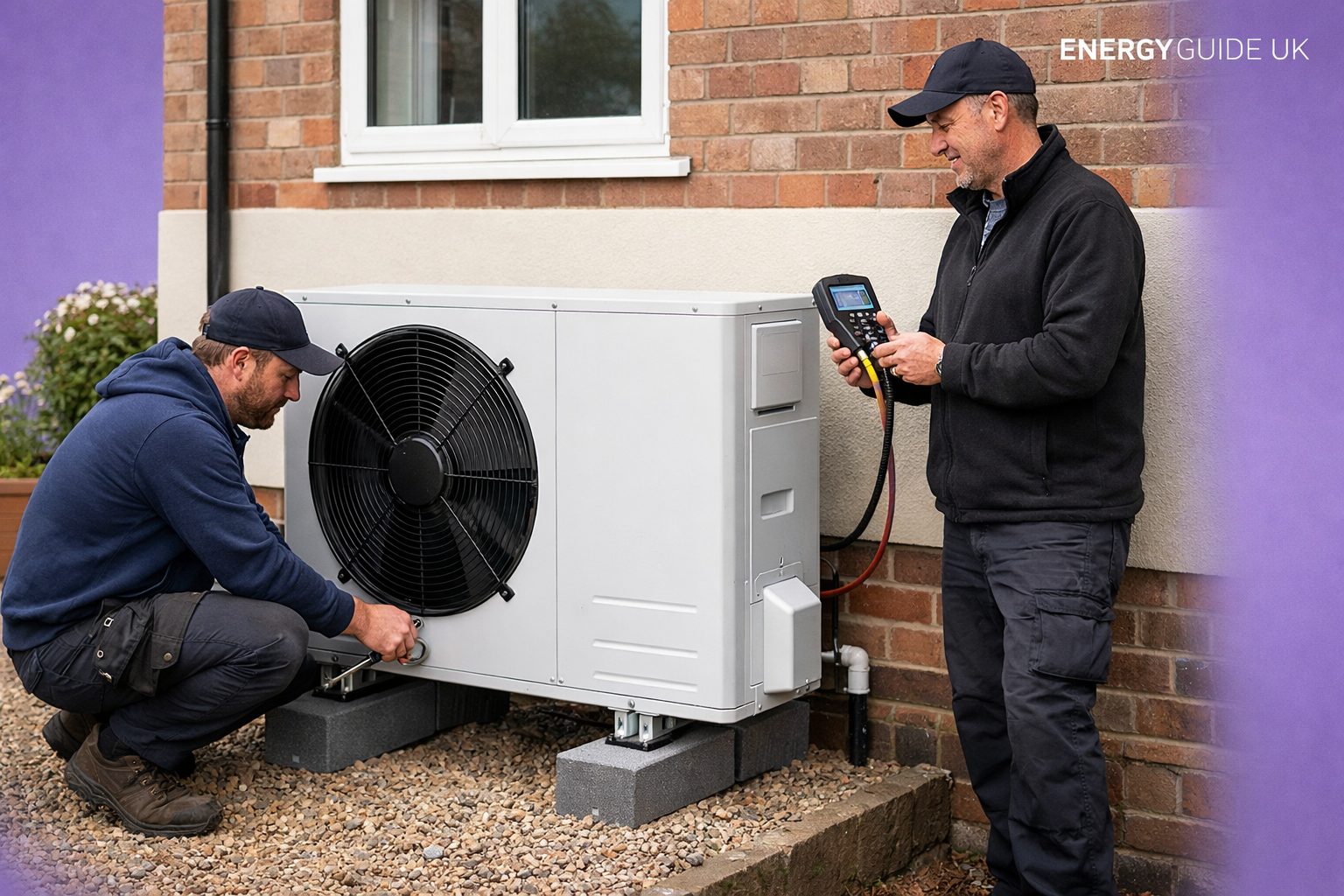 Engineers installing air source heat pump Installers mitigating the disadvantages of air source heat pumps