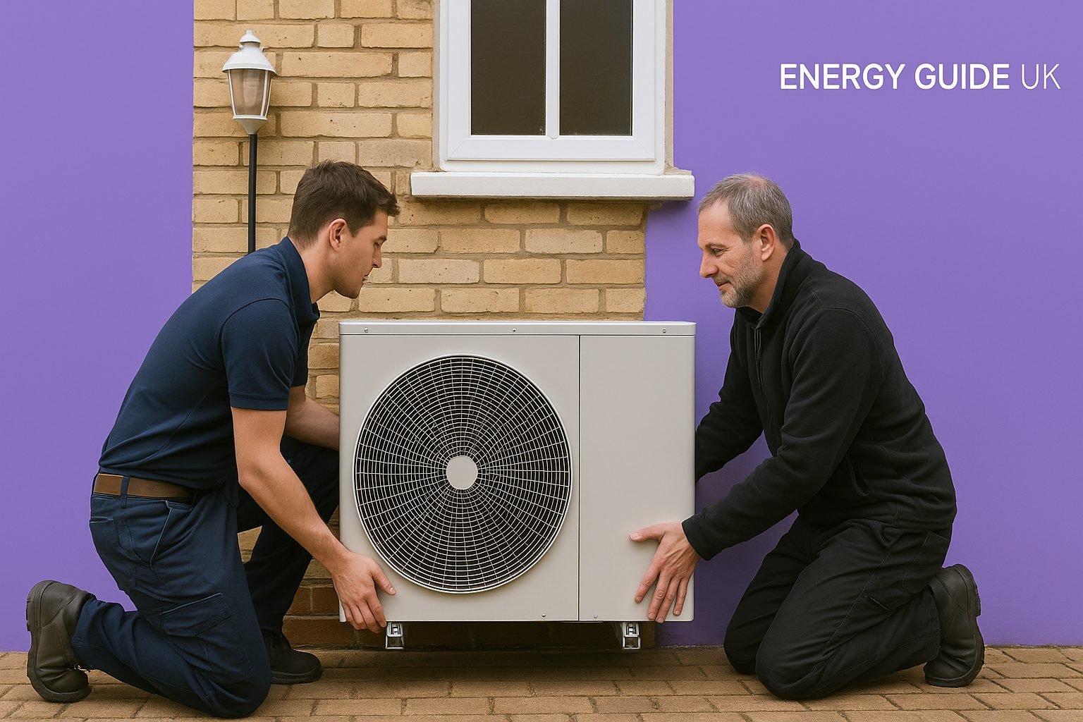 Engineers installing an air source heat pump Engineers installing an air source heat pump