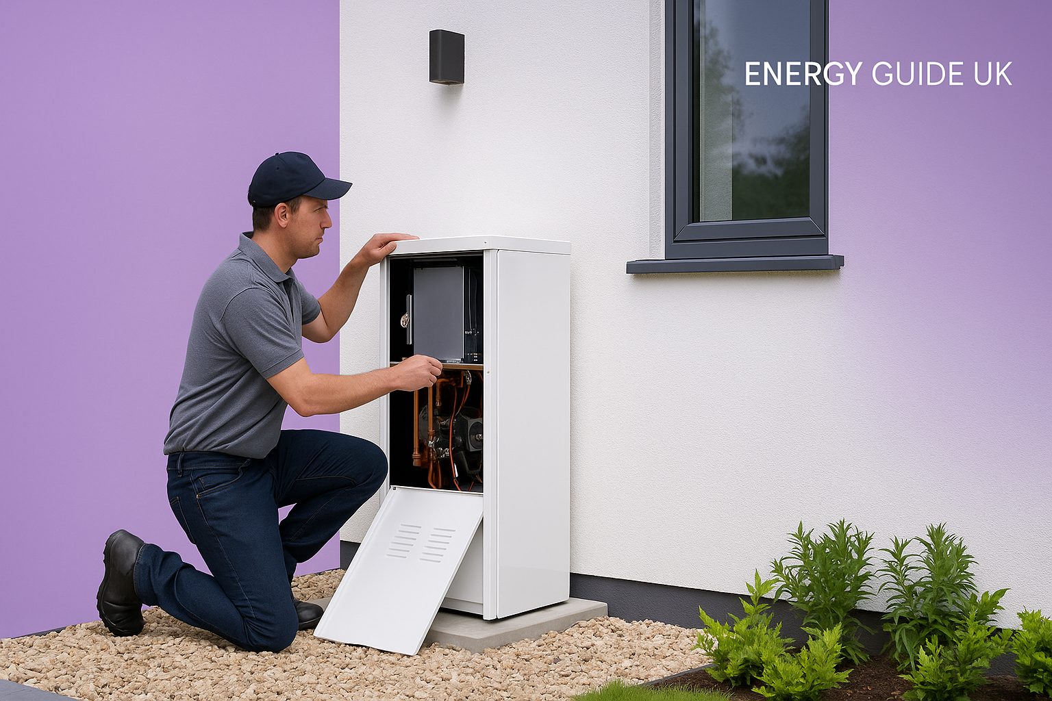Installer installing outside boiler