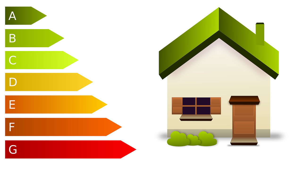 UK Energy Efficiency Grid from A to G vertically listed next to an animated house. All against a white background.